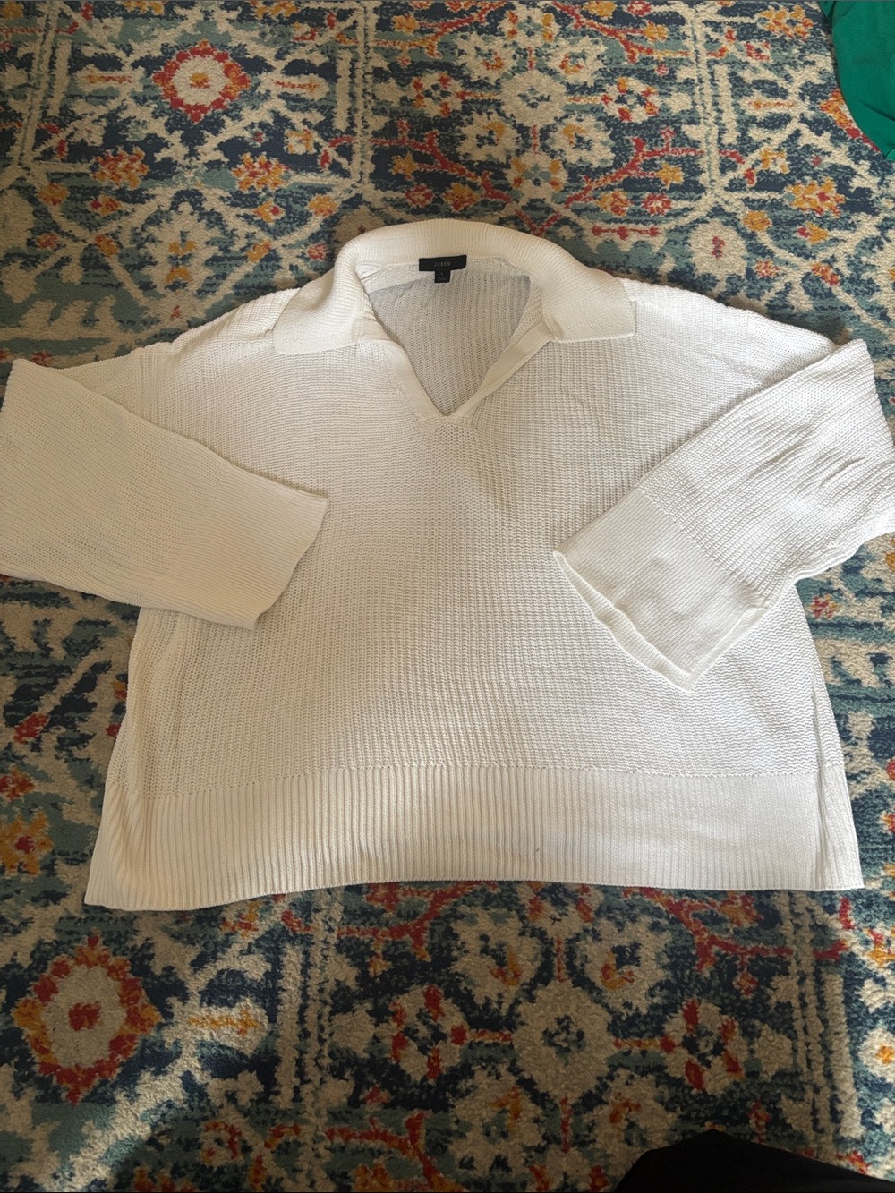 J. Crew Relaxed Collared Open Knit V Neck Sweater White Size L Wide Sleeves